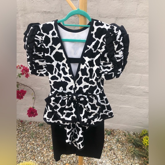Vintage Peplum ruffle and bow low back cow print peplum dress puff sleeve - Picture 8 of 16